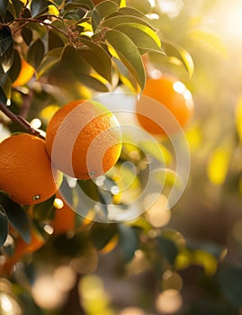 Oranges hanging from a tree bathed in sunlight