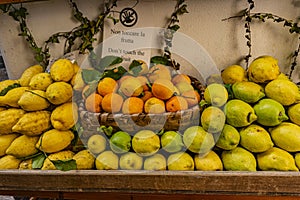 Oranges, Lemons and Limes for sale on the Amalfi coast, Campagnia, Italy, October 2023