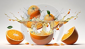 Oranges, mix whole and cut, falling into water, in a white background.