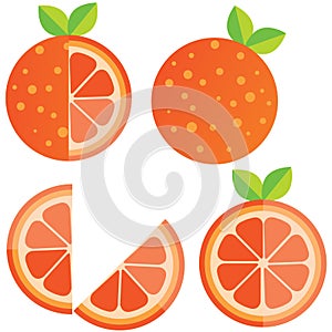 Oranges orange slice, half cut orange and front view of cut ripe orange. Set of vector illustration.