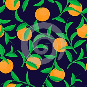 oranges orchard with leaves on navy blue background seamless repeat pattern.