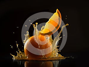 Oranges splashing on black background. Generative A.I