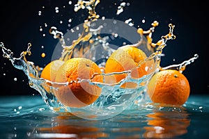 Oranges and splashing water with vibrant blue background. Generative AI