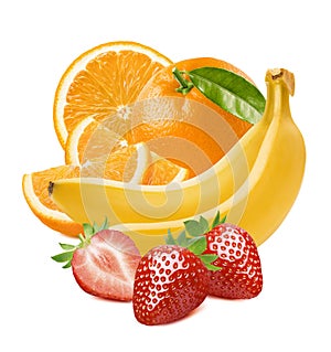 Oranges, strawberries and whole bananas isolated on white background photo