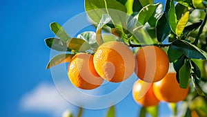 Oranges on the tree with blue sky background