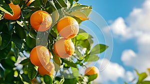 Oranges on the tree with blue sky background