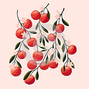 Oranges on tree branches. Isolated tropical summer fruit, abstract colorful illustration