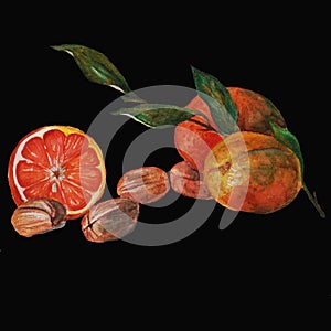 oranges,walnuts and bay leaf, still life on a black background orange pulp and its peel and useful nuts