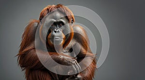 oranguel sitting with his arms crossed and looking to the right