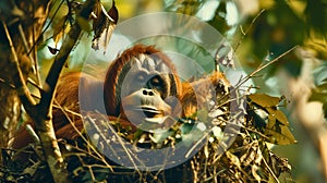 An orangutan carefully weaving branches and leaves together to build a nest in the rainforest canopy