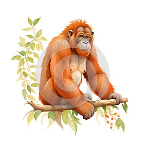 Orangutan in cartoon style. Cute Little Cartoon Orangutan isolated on white background. Watercolor drawing, hand-drawn in