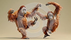 An orangutan gracefully exeing a perfect warrior pose while its younger orangutan friend comically hops around in