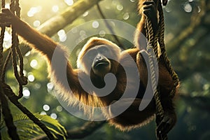 Orangutan in the jungle of Sumatra island, Indonesia, Gibbon hanging from a tree in the jungle of Costa Rica, AI Generated