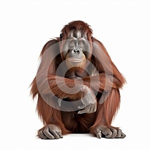 Orangutan monkey thinks, the orangutan sits in a pose of a thinker, close-up, on a white