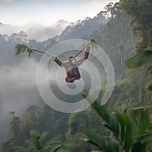 Orangutan Mother and Baby Swinging Through Lush Jungle Canopy