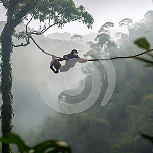 Orangutan Mother and Baby Swinging Through Lush Jungle Canopy