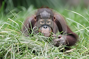 orangutan offspring picking through jungle grass