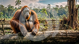 Orangutan rests on a tree stump, deforestation palm oil industry. Generative AI