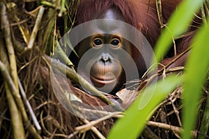 orangutan sheltering her baby in tropical foliage