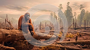 An orangutan sits on a log, the expansion of palm oil plantations. Generative AI