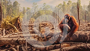 Orangutan sits in solitude on a tree remnant, palm oil production. Generative AI