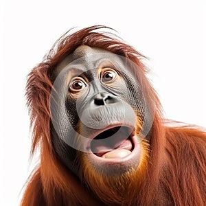 The orangutan is surprised, the monkey opened its mouth and bulged its eyes, close-up isolated