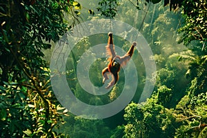 An orangutan swinging effortlessly through the dense rainforest canopy