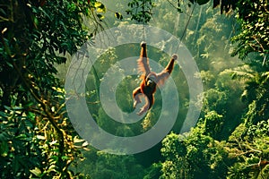 An orangutan swinging effortlessly through the dense rainforest canopy photo