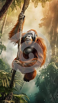 Orangutan Swinging Effortlessly through Lush Canopy of Tropical Rainforest. Generative ai