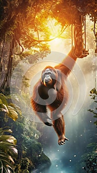 Orangutan Swinging Effortlessly through Lush Canopy of Tropical Rainforest. Generative ai