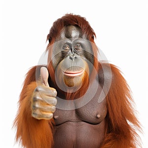 Orangutan thumbs up, everything is fine, everything is ok, everything is correct, I agree, ok. On a white