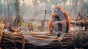 Orangutan on a tree trunk. Deforestation and palm oil plantations. Generative AI
