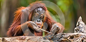 An orangutan using a stick as a tool to extract insects from a log