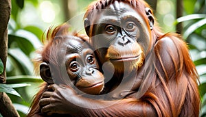 Orangutans Embracing in Tropical Forest