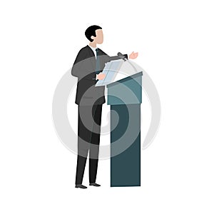 Orator. Silhouette protruding speaker with wide beautiful hand gestures stands behind a podium with microphones. Presentation and