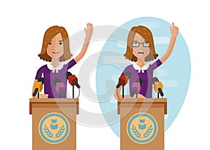 Orator speaks from rostrum. Publicly speech concept. Cartoon vector illustration