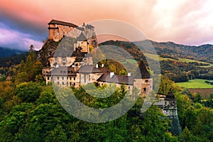 Orava castle - Oravsky Hrad in Oravsky Podzamok in Slovakia. Medieval stronghold on extremely high and steep cliff by the Orava