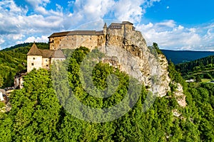 Orava castle in Slovakia. Aerial view at sunrise