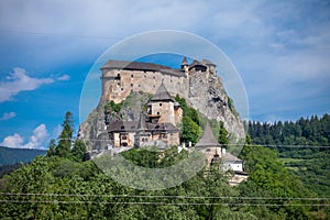 Orava castle in Slovakia, power line wires in front