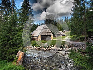 Beautifully old wooden houses in beautiful nature full of trees and flowers.Slovakia