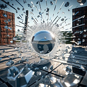 An orb breaking glass in a computer game style