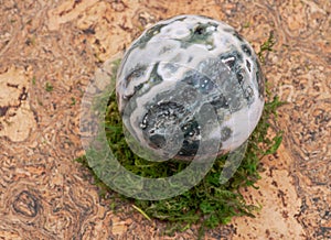 Orbicular ocean jasper sphere with crystallized vugs from Madagascar on moss, bryophyta and cork