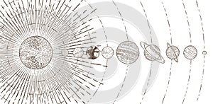 Orbital planets system. Astronomy solar systems, solars planet orbit planetary and vintage space vector illustration