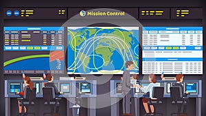 Orbital space flight mission control center room