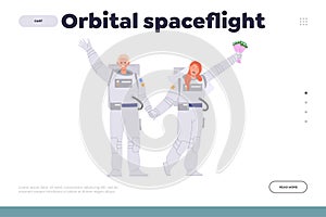 Orbital spaceflight concept for landing page with happy spaceman and spacewoman wedding in space