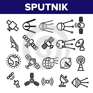 Orbital Sputnik Linear Vector Thin Icons Set