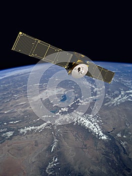 Orbiting High Tech Space Communication Satellite Telecommunication Industry Circuit Connectivity Digital Binary Technology  photo
