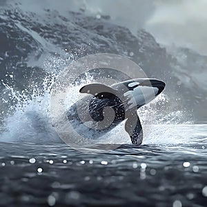 Orca breaching the ocean surface, dynamic action shot