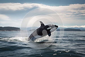 orca breaching in the open ocean, creating a splash