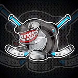 Orca face in profile with crossed sticks and hockey puck in teeth. Logo for any sport team or competition